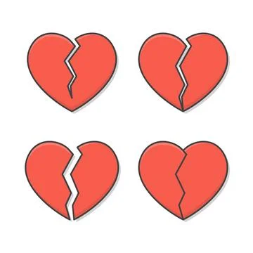 Set Of Broken Heart Vector Icon Illustration. Red Love Heart Flat Icon Stock Illustration