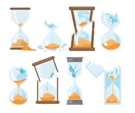 Set of broken hourglass set collection, time is up concept, wasting time or.. Stock Illustration