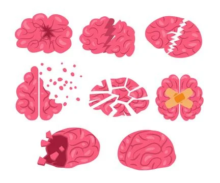 Set of broken human brain shape broken into pieces set collection with Brea.. Stock Illustration