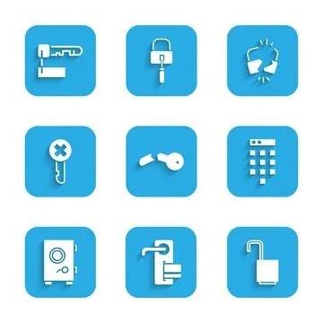 Set Broken key, Digital door lock, Open padlock, Password protection, Safe Stock Illustration