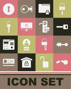 Set Broken key, Old, Key, Folder and lock, Lock on computer monitor, Unlocked Stock Illustration