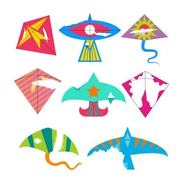Set of broken kites torn set collection with string cut while flying kite f.. Stock Illustration