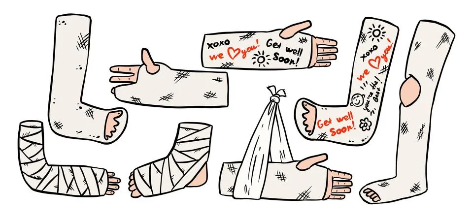 Set of broken legs, arms and hands cast doodles with positive writings from f Stock Illustration