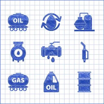 Set Broken metal pipe with leaking water, Canister for motor machine oil, Barrel Ilustración de archivo