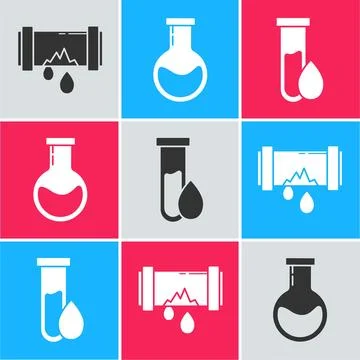 Set Broken metal pipe with leaking water, Test tube and flask and Oil petro.. Stock Illustration