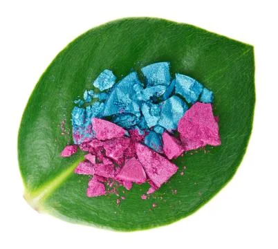 Set of broken multicolor eye shadow over green leaf, isolated on white Foto stock