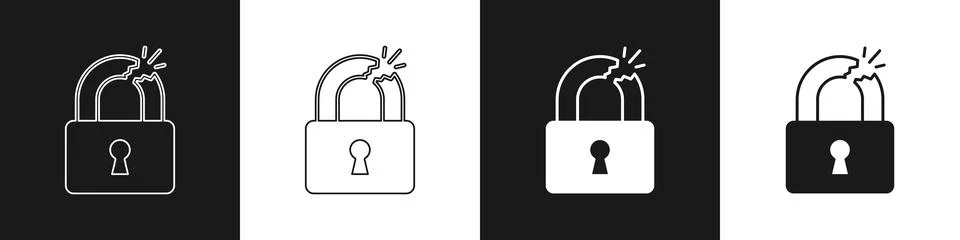 Set Broken or cracked lock icon isolated on black and white background. Unlock 库存插图