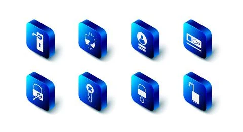 Set Broken or cracked lock, Create account screen, Key card, Open padlock, Lock Stock Illustration
