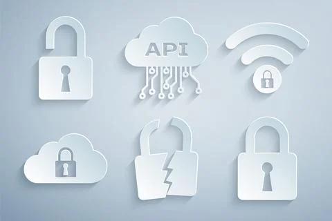 Set Broken or cracked lock, Wifi locked, Cloud computing, Lock, api interface 스톡 일러스트