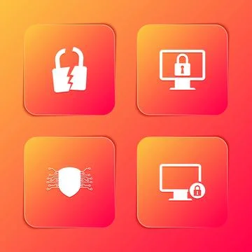 Set Broken or cracked lock, Lock on monitor, Cyber security and icon. Vector Stock Illustration