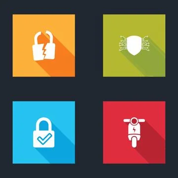 Set Broken or cracked lock, Cyber security, Lock and check mark and Electric Stock Illustration