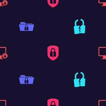 Set Broken or cracked lock, Folder and, Shield security with and Lock on moni Stock Illustration
