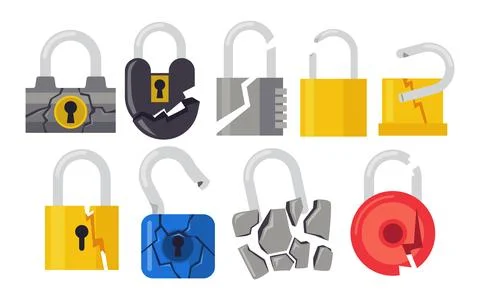 Set of broken padlock set collection cartoon, security and privacy symbol, .. Stock Illustration
