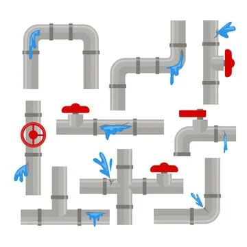 Set of broken pipe collection, Damaged leaky pipes. Leak in water pipe crac.. Stock Illustration