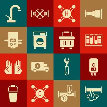 Set Broken pipe, Electric boiler, Test tube with water drop, Water tap, Washe Ilustração Stock