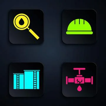 Set Broken pipe with leaking water, Oil drop, Oil industrial factory building Ilustración de archivo