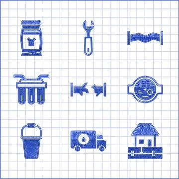 Set Broken pipe, Plumber service car, Water supply pipes, meter, Bucket, filter Stock-Illustration