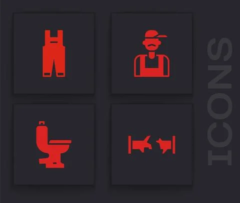 Set Broken pipe, Work overalls, Plumber and Toilet bowl icon. Vector Stock Illustration