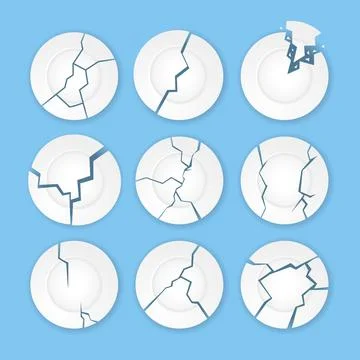 Set of broken plates collection on blue background top view, shattered food.. Stock Illustration
