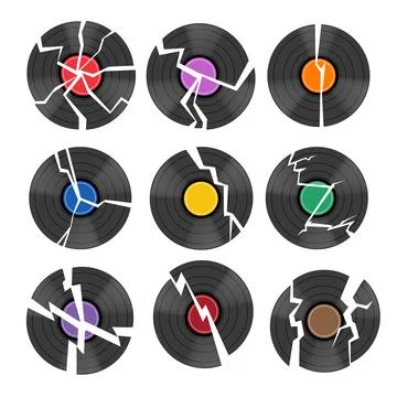 Set of broken records collection, Broken compact cd cassette vector illustr.. Stock Illustration