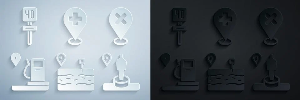 Set Broken road, Location with cross mark, and gas station, monument, Medic.. Stock Illustration