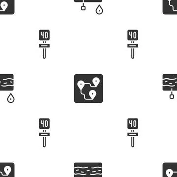 Set Broken road, Route location and Road traffic sign on seamless pattern Illustrazione stock
