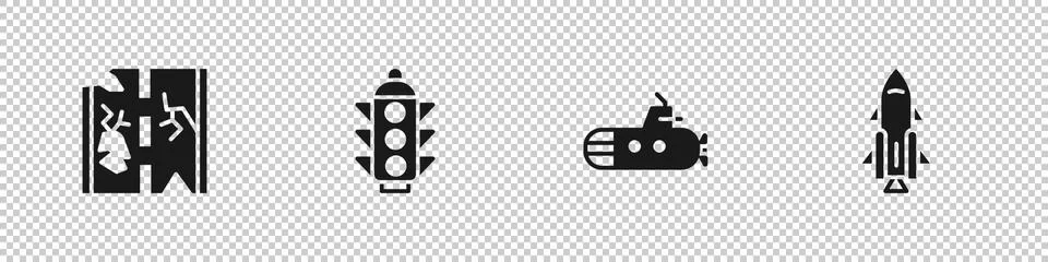 Set Broken road, Traffic light, Submarine and Rocket ship with fire icon. Vector Stock Illustration