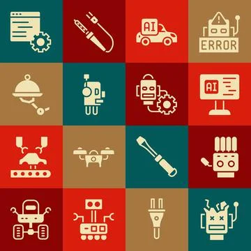Set Broken robot, Mechanical hand, Software, Autonomous smart car, Robot, Waiter 스톡 일러스트