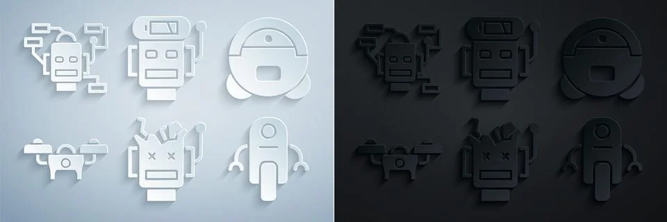 Set Broken robot, Robot vacuum cleaner, Drone, low battery charge and  icon.. Stock Illustration
