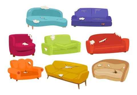 Set of broken sofa set collection, colorful cartoon broken chair, Dirty bro.. Stock Illustration