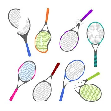Set of broken tennis racket set collection with badminton racquet lose Bat .. Illustrazione stock