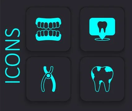 Set Broken tooth, Dentures model, Dental clinic location and pliers icon. Black Stock Illustration