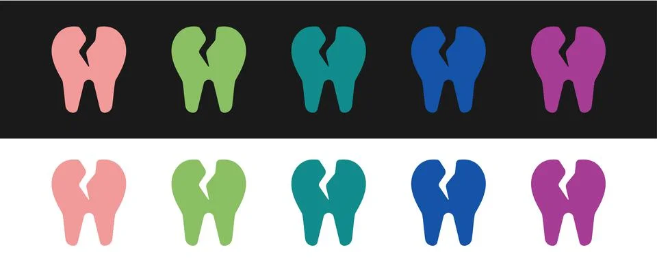 Set Broken tooth icon isolated on black and white background. Dental problem Stockillustratie