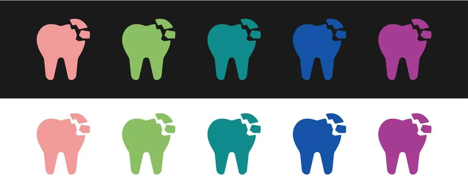 Set Broken tooth icon isolated on black and white background. Dental problem イラスト素材