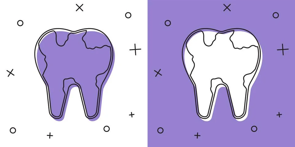 Set Broken tooth icon isolated on white and purple background. Dental problem イラスト素材