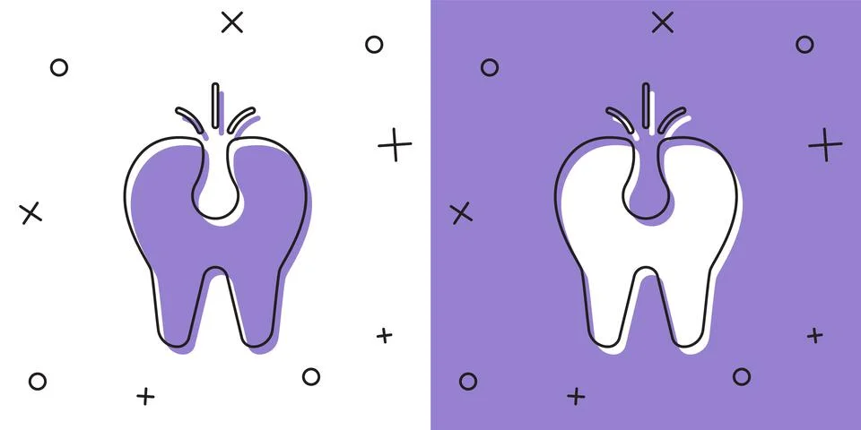 Set Broken tooth icon isolated on white and purple background. Dental problem Stockillustratie