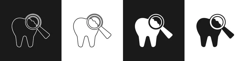 Set Broken tooth icon isolated on black and white background. Dental problem Stockillustratie