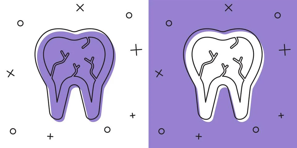 Set Broken tooth icon isolated on white and purple background. Dental problem Illustrazione stock