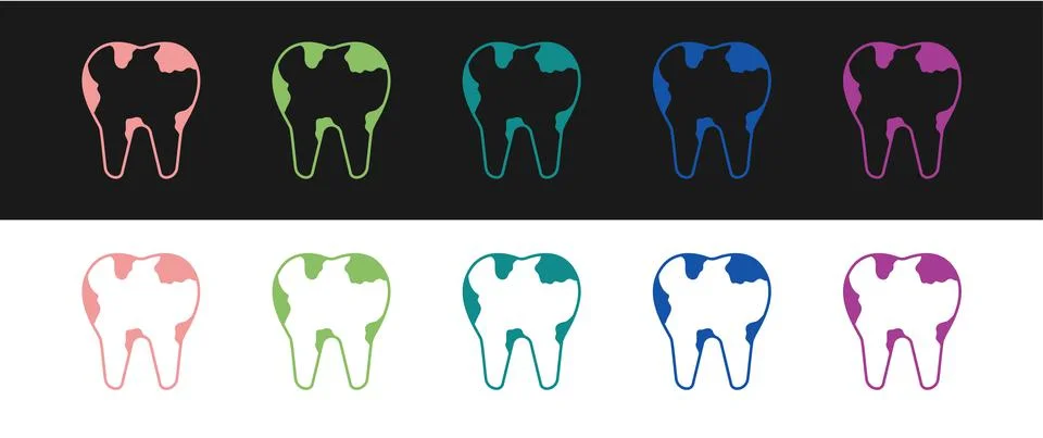 Set Broken tooth icon isolated on black and white background. Dental problem Stock Illustration