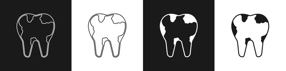 Set Broken tooth icon isolated on black and white background. Dental problem イラスト素材