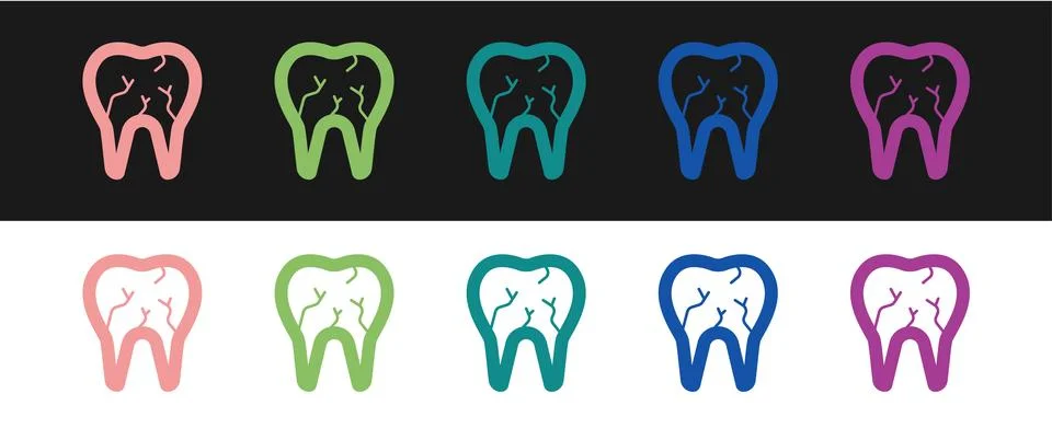 Set Broken tooth icon isolated on black and white background. Dental problem Stockillustratie