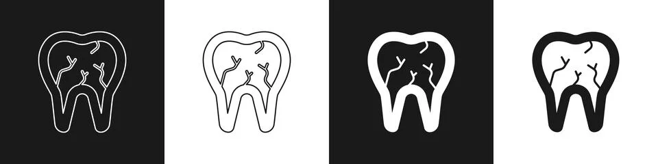 Set Broken tooth icon isolated on black and white background. Dental problem Stock Illustration