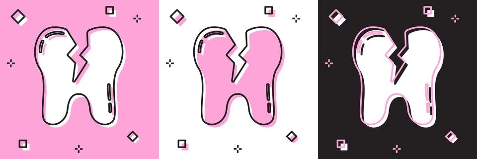 Set Broken tooth icon isolated on pink and white, black background. Dental pr 스톡 일러스트