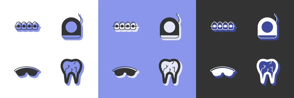 Set Broken tooth, Teeth with braces, Safety goggle glasses and Dental floss icon Stock Illustration