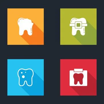 Set Broken tooth, Teeth with braces, Tooth caries and X-ray of icon. Vector Stock Illustration