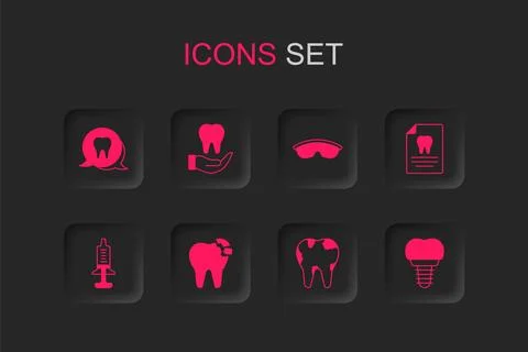 Set Broken tooth, Tooth, Clipboard with dental card, Dental implant, Safety.. Stock Illustration