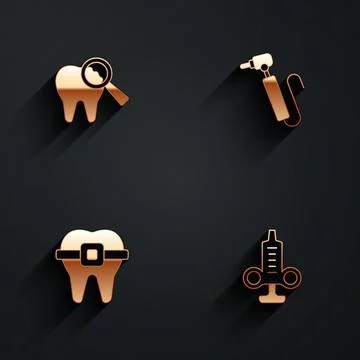 Set Broken tooth, Tooth drill, Teeth with braces and Syringe icon with long Illustrazione stock