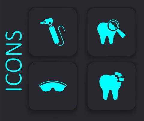 Set Broken tooth, Tooth drill, and Safety goggle glasses icon. Black square Stock Illustration