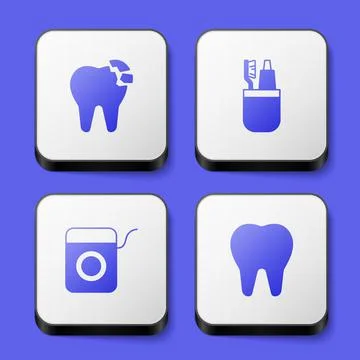 Set Broken tooth, Toothbrush and toothpaste, Dental floss and  icon. White sq Stock Illustration