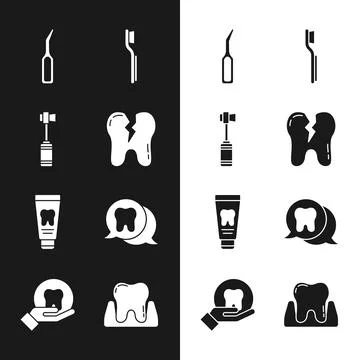 Set Broken tooth, Toothbrush, Dental explorer scaler, Tube of toothpaste,  .. 스톡 일러스트